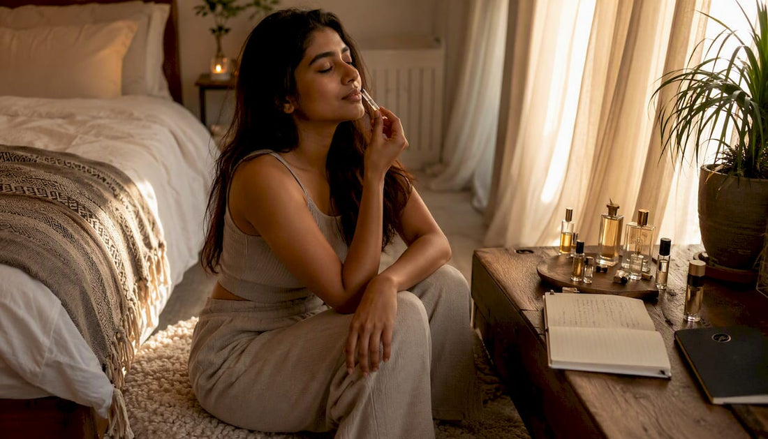 Woman smelling perfume sample in home