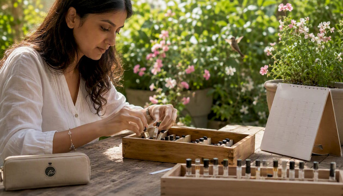 Woman organizing fragrance samples on desk