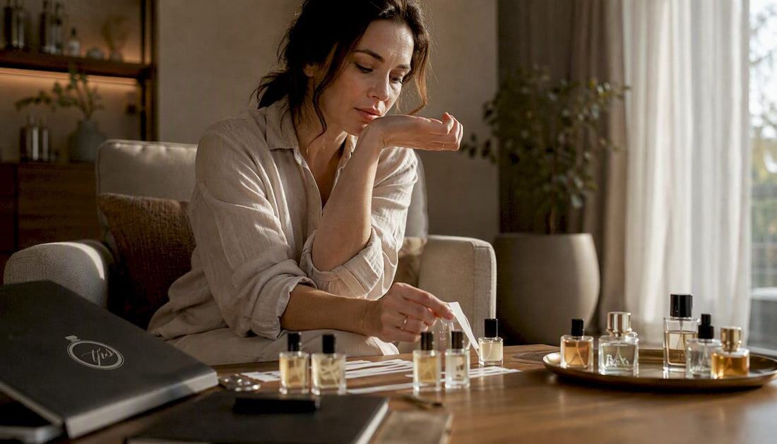 Woman testing perfume on wrist at vanity