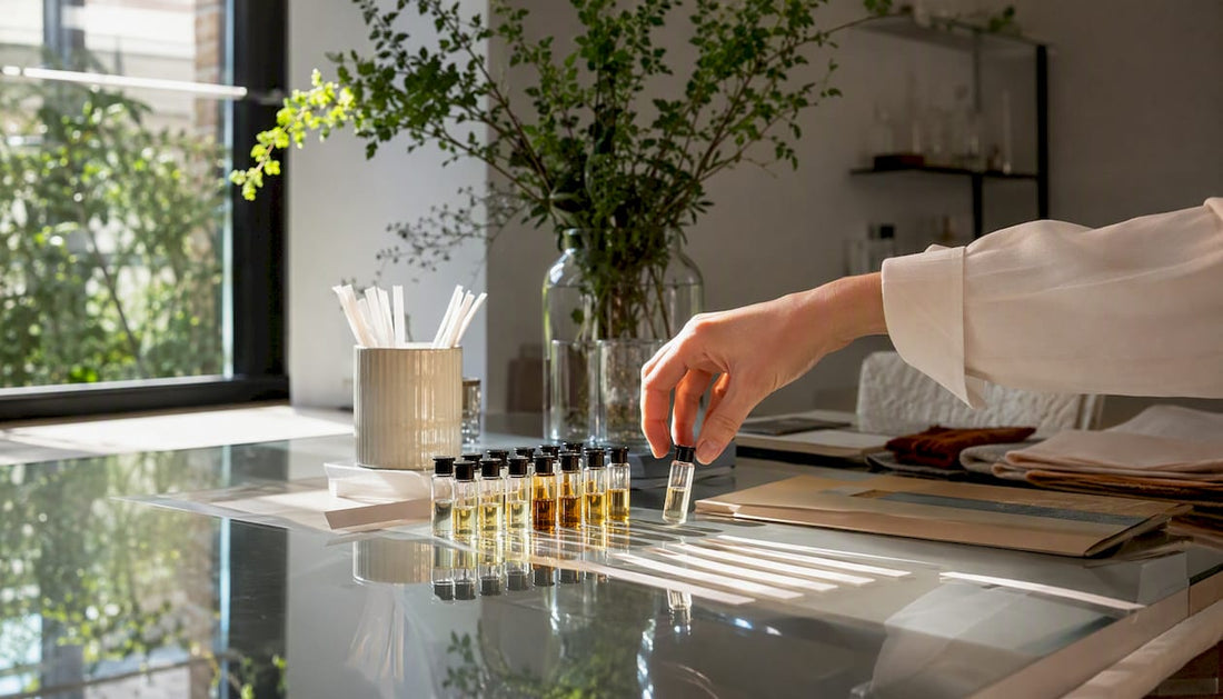 Coded fragrance samples and blotters on a table