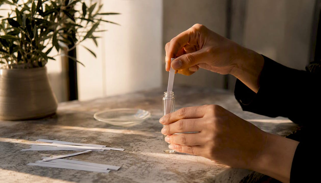 Hands dipping blotter into musk vial