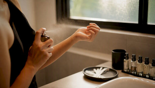 Close-up of wrist being sprayed with perfume