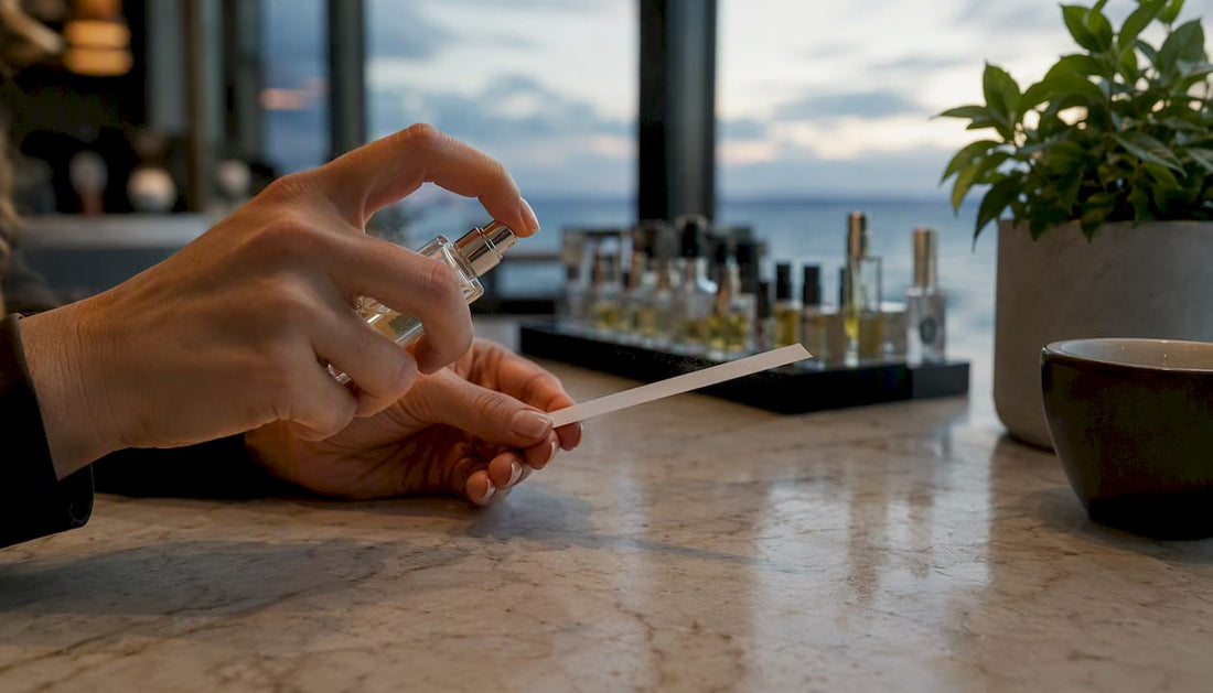 Hand spraying perfume decant on blotter