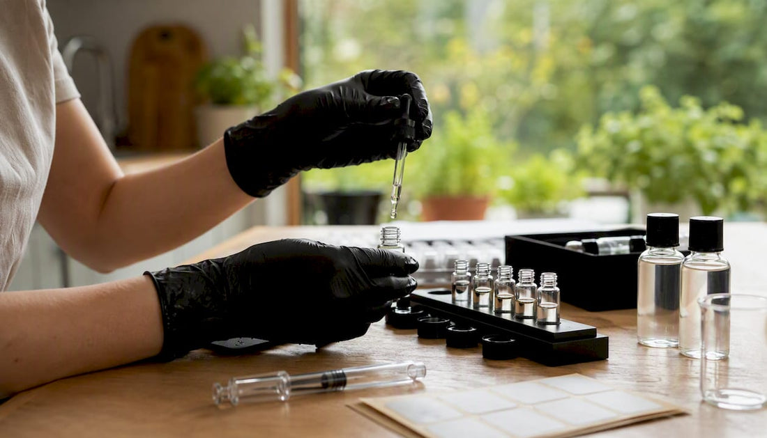 Hands filling fragrance spray vials at home