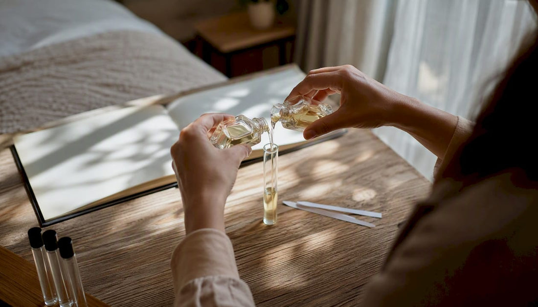 Hands mixing fragrance decants over table