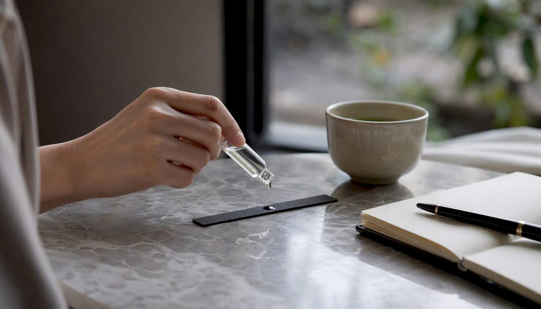 Hand applying scent to blotter strip