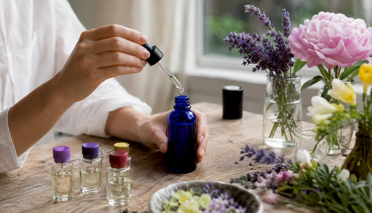 Hands mixing floral fragrance ingredients