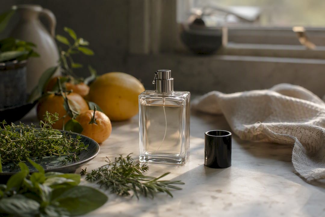 Perfume bottle with citrus and vanilla on vanity