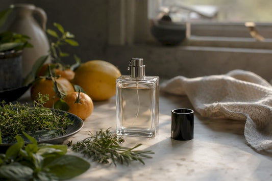 Perfume bottle with citrus and vanilla on vanity