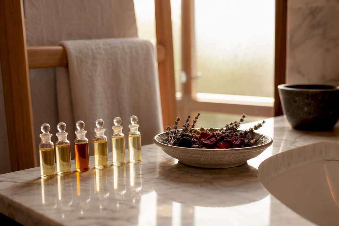 Perfume decants with natural scent materials on dressing table