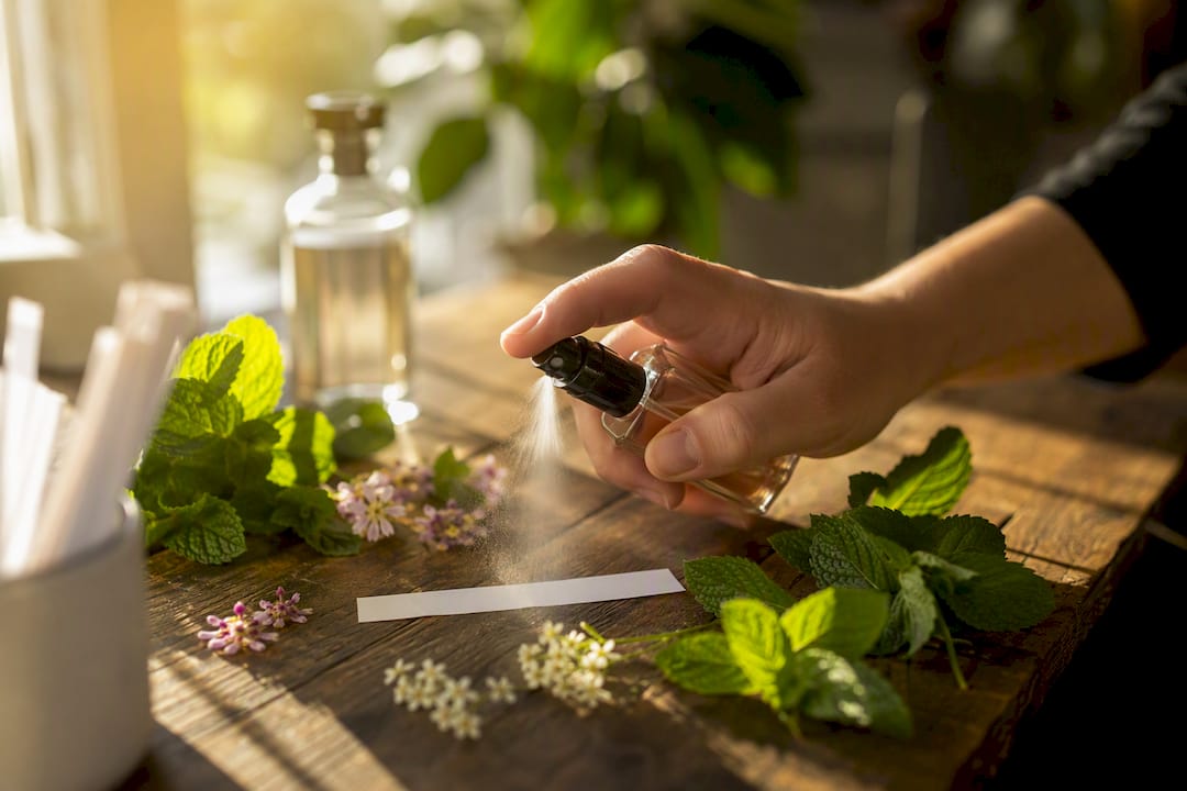 Hand spraying mint perfume sample on blotter