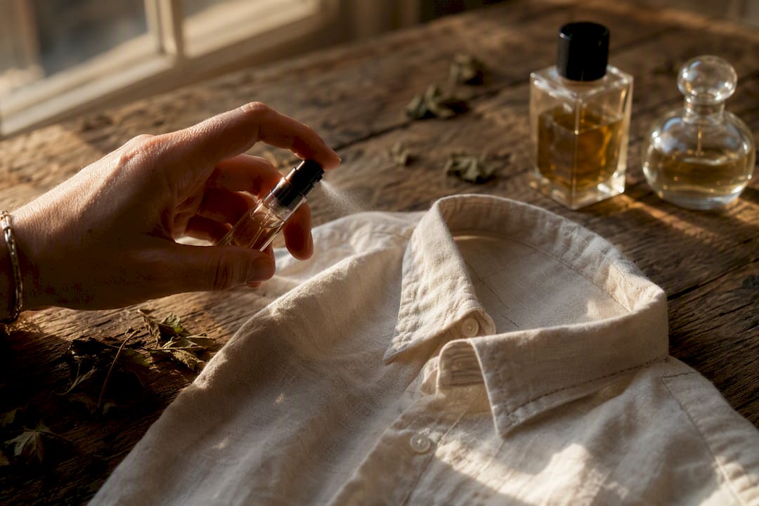 Hand spraying patchouli decant on fabric