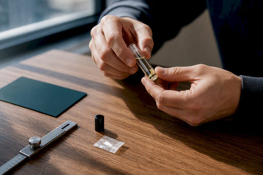 Hands inspecting an anonymous fragrance decant vial