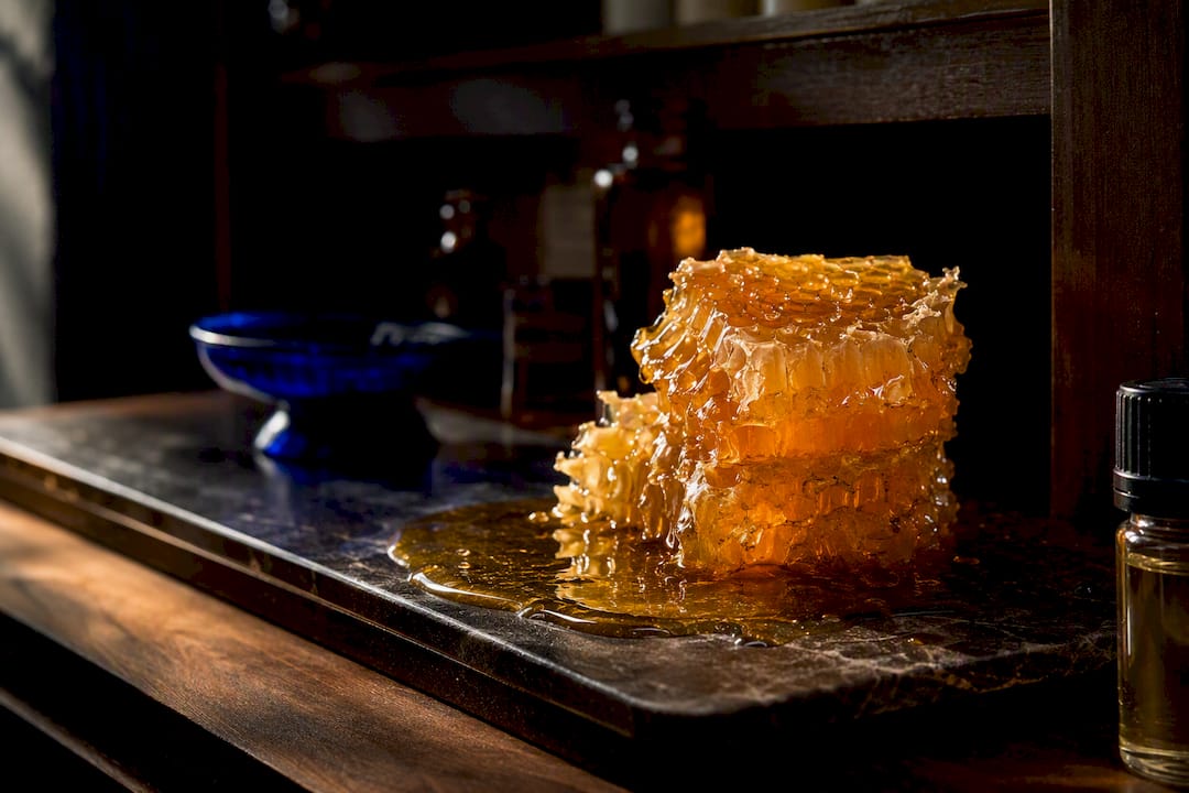 Honeycomb and anonymous fragrance sample in warm light