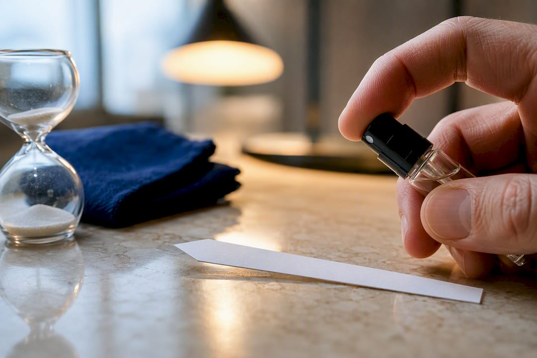 Hand testing a fragrance sample on blotter