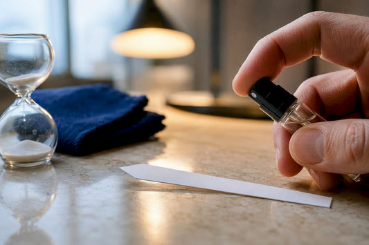 Hand testing a fragrance sample on blotter
