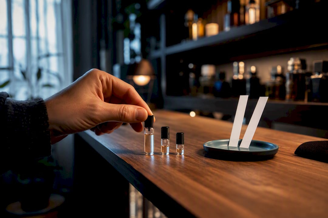 Collector comparing fragrance decant sizes
