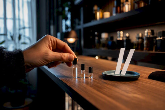 Collector comparing fragrance decant sizes