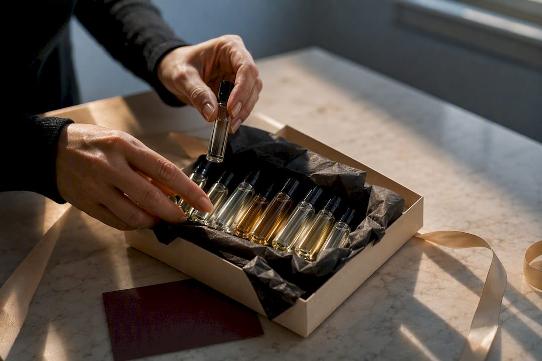 Anonymous perfume samples arranged for gifting