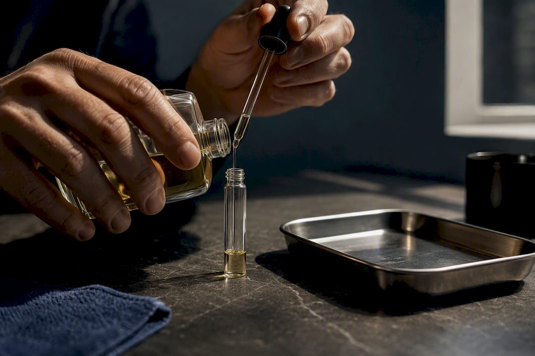 Hands transferring fragrance into an anonymous sample vial