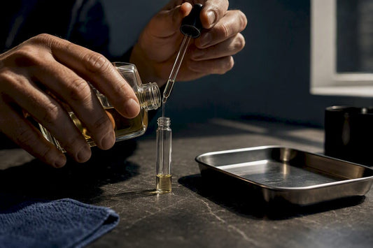 Hands transferring fragrance into an anonymous sample vial