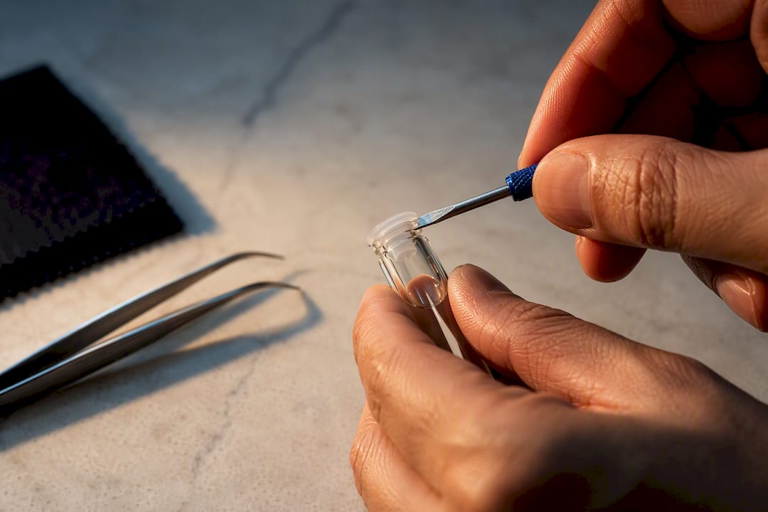 Hands safely opening a perfume sample vial
