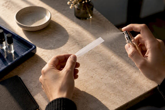 Hands testing an anonymous fragrance decant