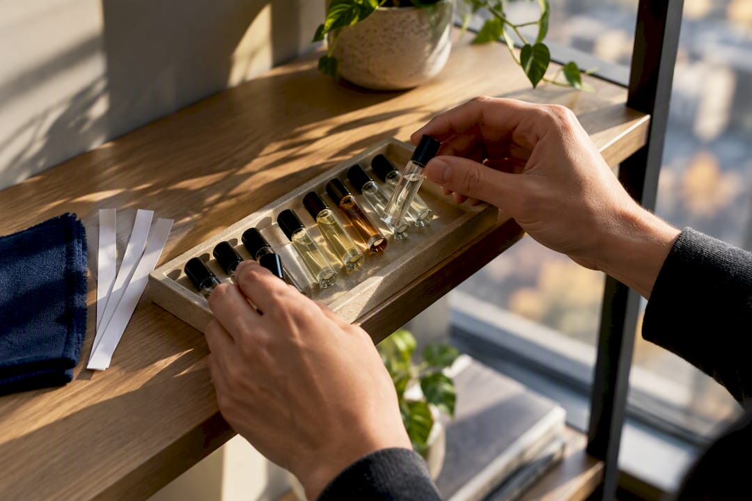 Hands comparing anonymous fragrance sample vials
