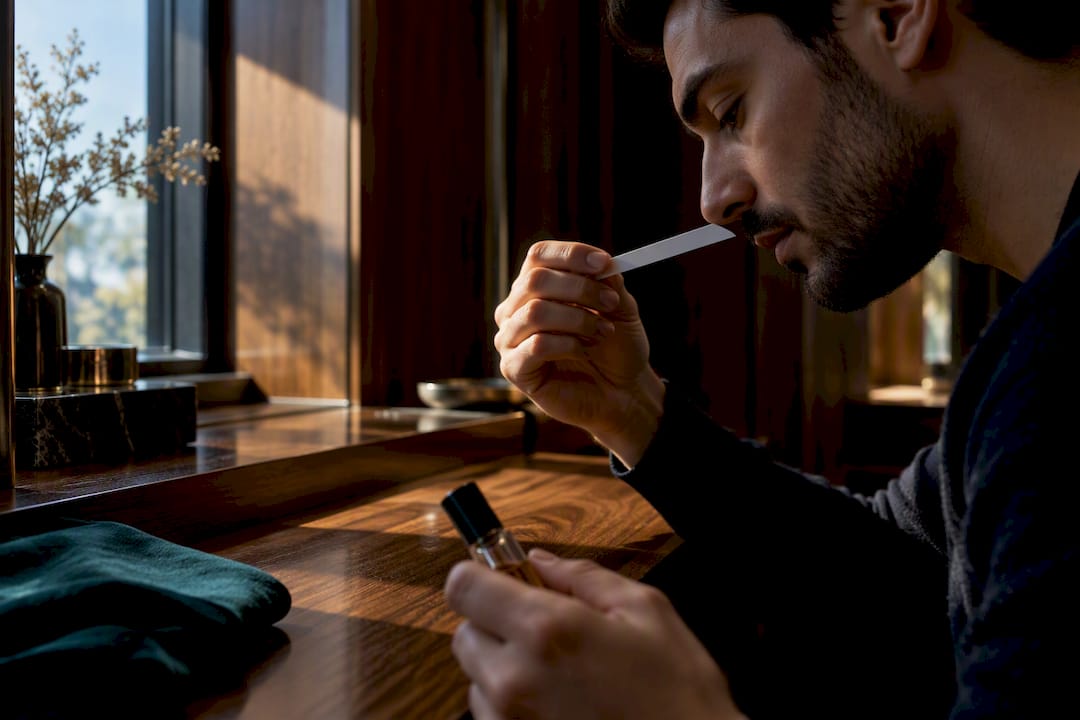 Testing an oud perfume decant on blotter