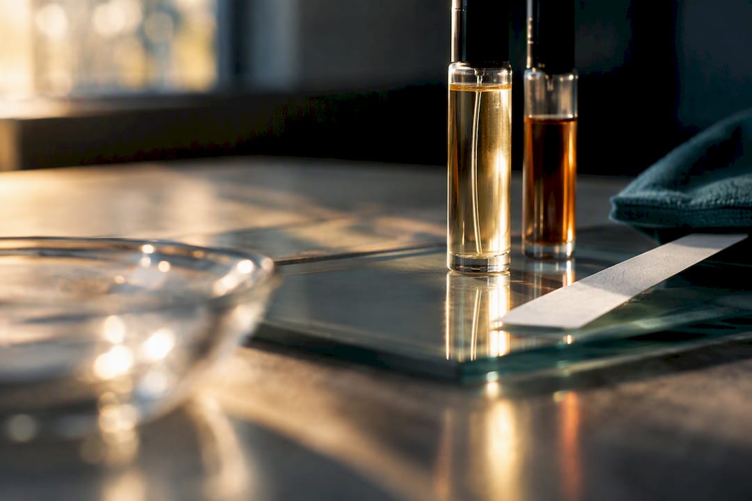 Anonymous fragrance decants beside scent blotters