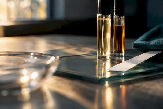 Anonymous fragrance decants beside scent blotters