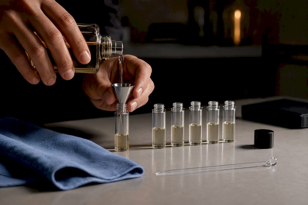 Hands dividing fragrance into sample vials