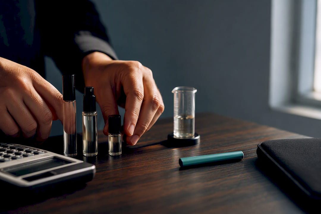 Anonymous fragrance samples beside pricing tools