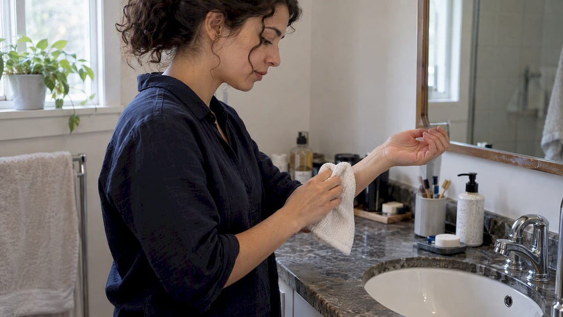 Woman gently patting perfume from wrist
