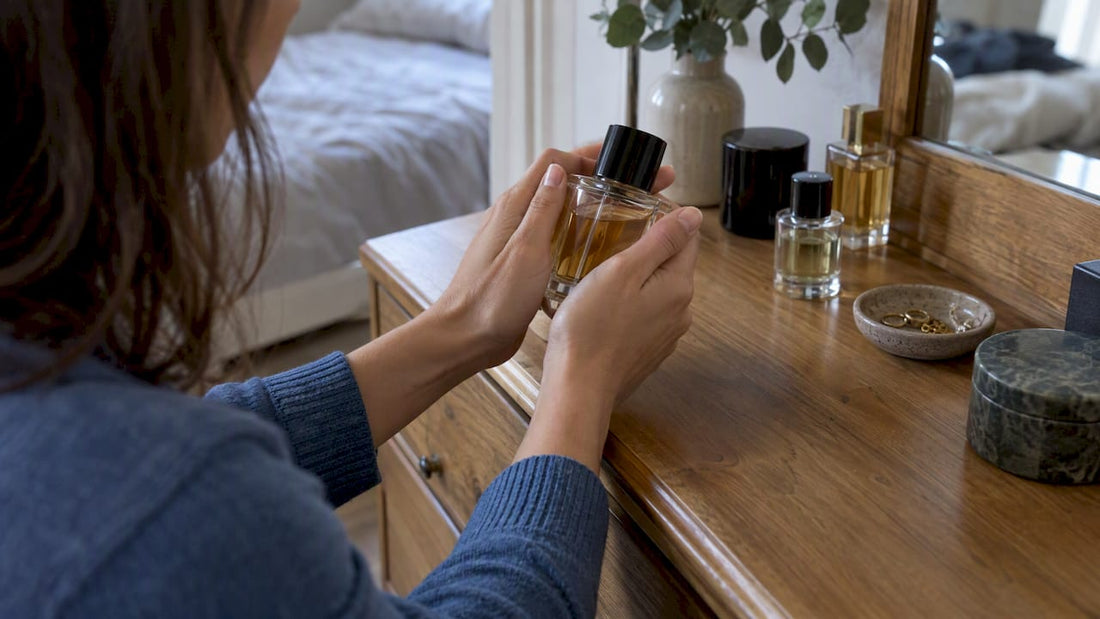 Hands gently rolling a perfume bottle