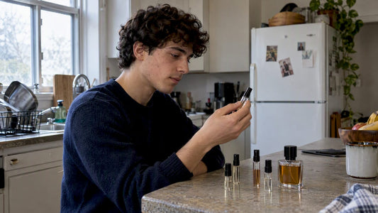 Student comparing perfume decants with a full bottle