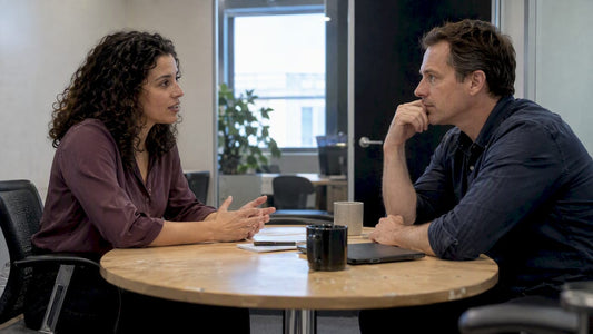 Coworkers seated across a table assessing fragrance