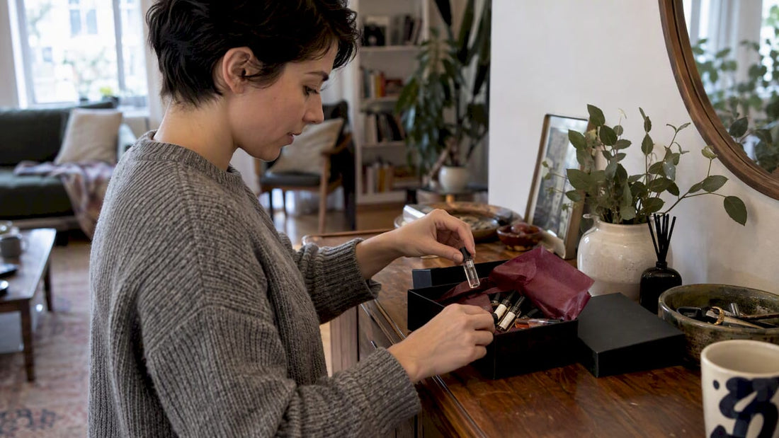 Hands arranging fragrance decants into a holiday gift set