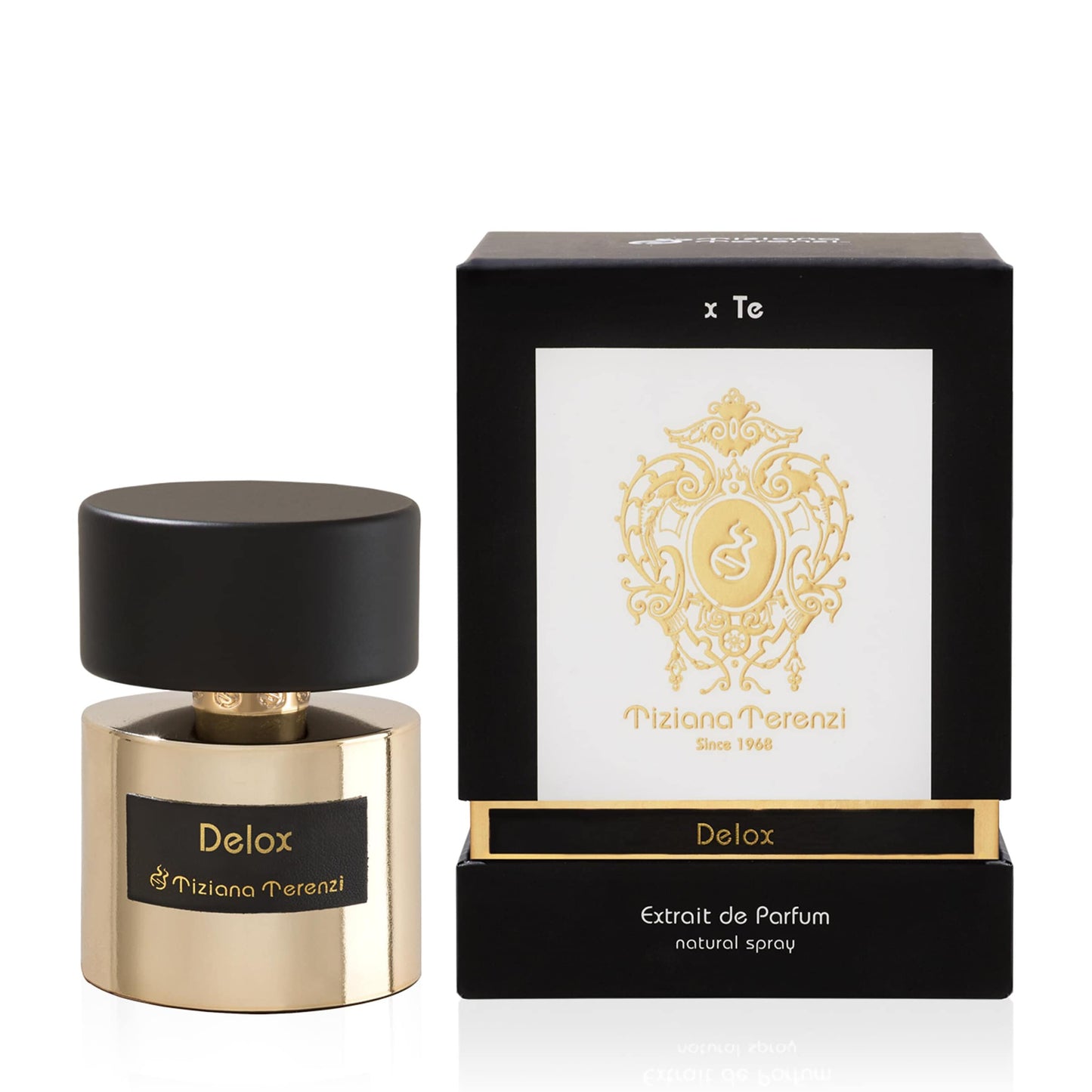 Tiziana Terenzi Delox perfume bottle and packaging on a white background