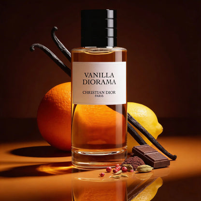 Bottle of Vanilla Diorama Christian Dior perfume with vanilla beans, orange, and chocolate on a reflective surface.