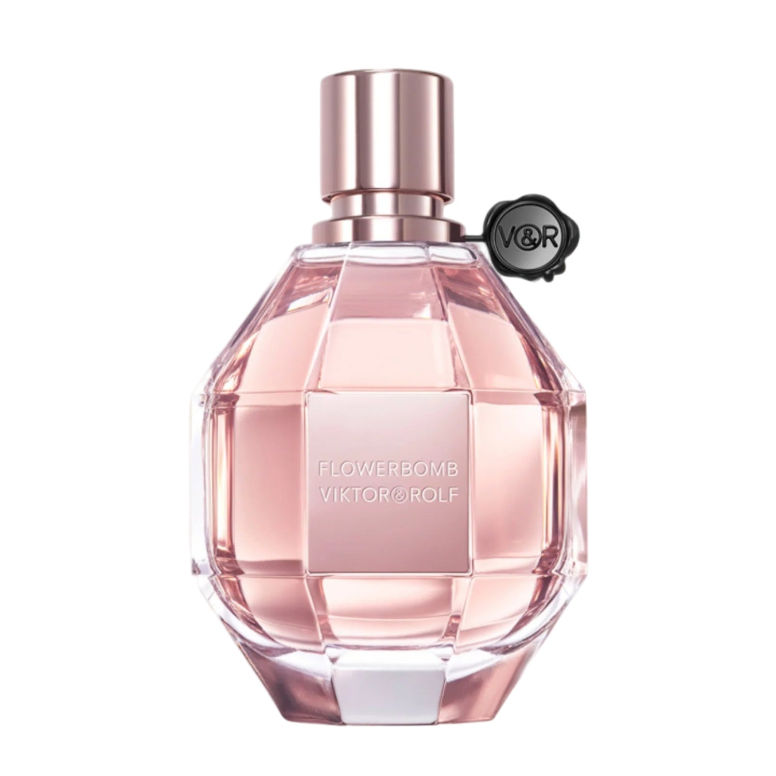 Pink perfume bottle with a silver cap on a light gray background