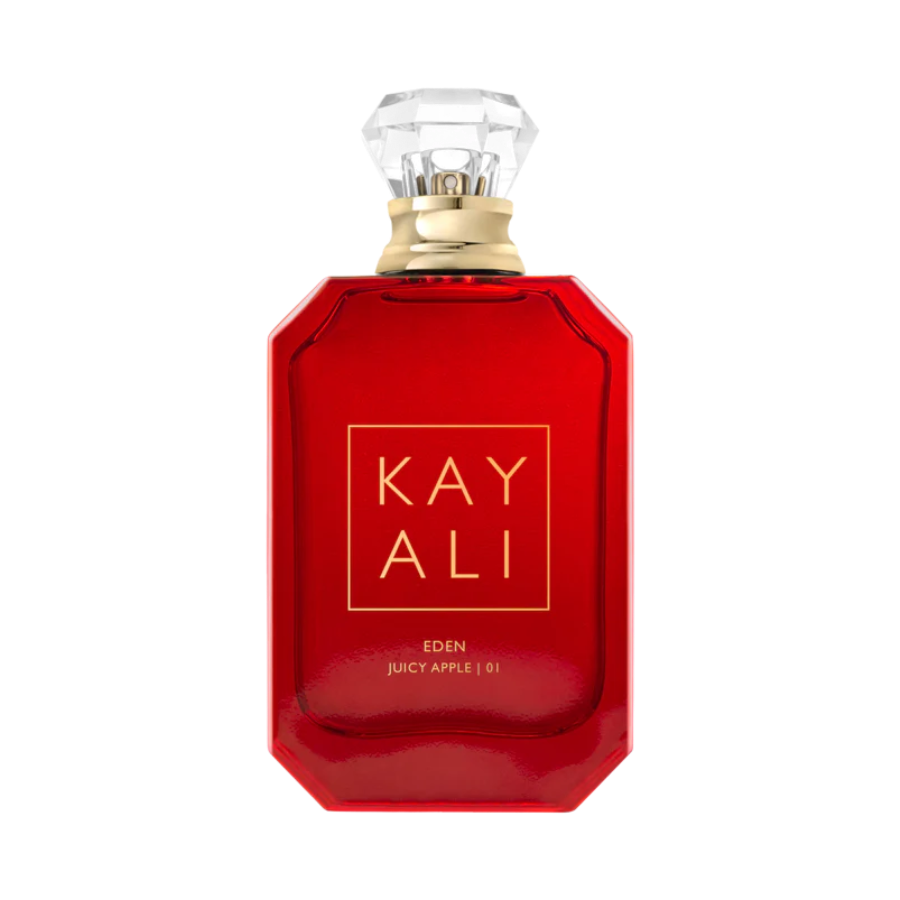 Red perfume bottle with 'KAY ALI' branding on a white background