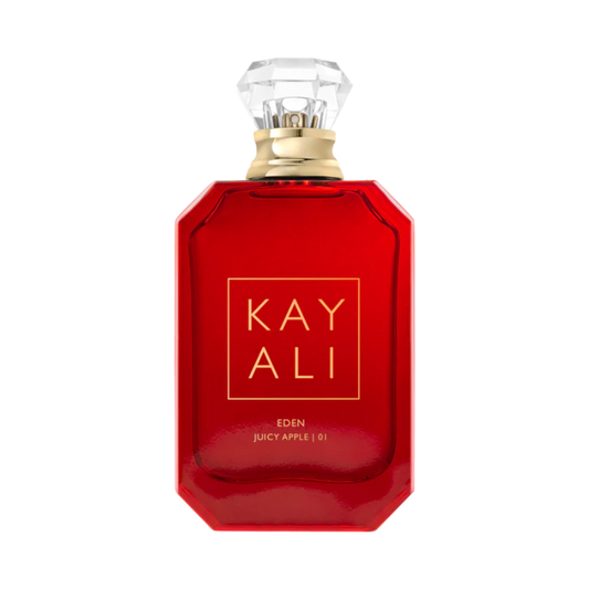 Red perfume bottle with 'KAY ALI' branding on a white background