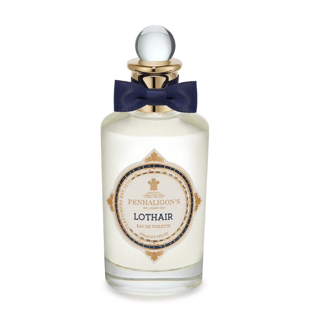 Penhaligon's Lothair perfume bottle with a bow on a white background