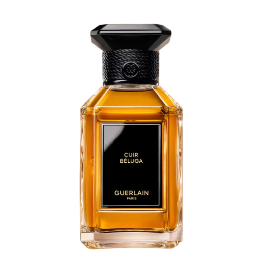 Guerlain Cuir Beluga perfume bottle on a beige background