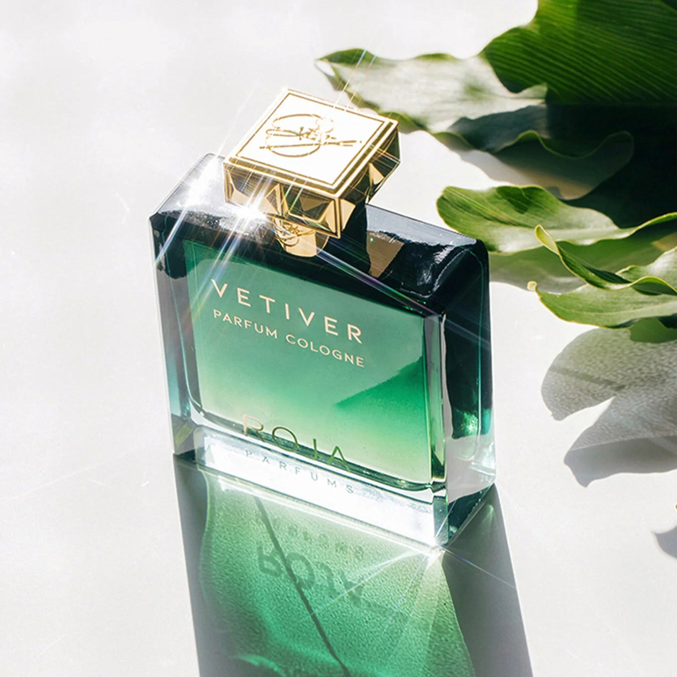 Green perfume bottle labeled 'Vetiver' with a gold cap on a light background