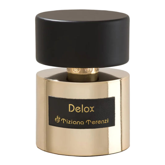 Gold and black Delox perfume bottle on a white background