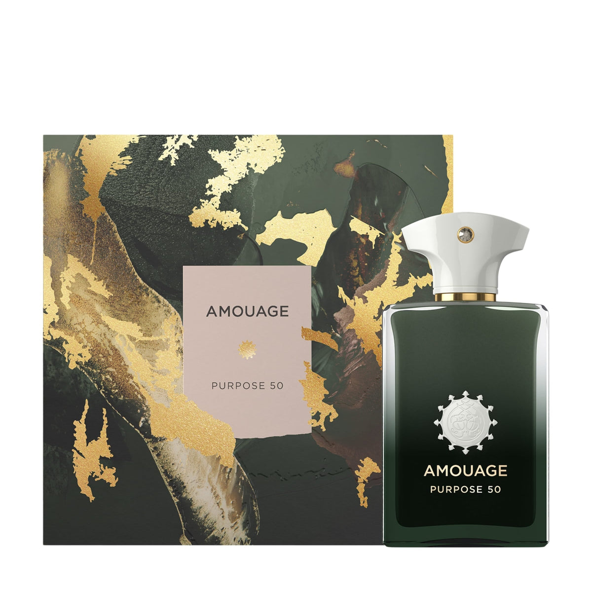 Amouage Purpose 50 perfume bottle in dark green glass with a white cap, displayed next to its matching box featuring a gold and dark green abstract pattern.