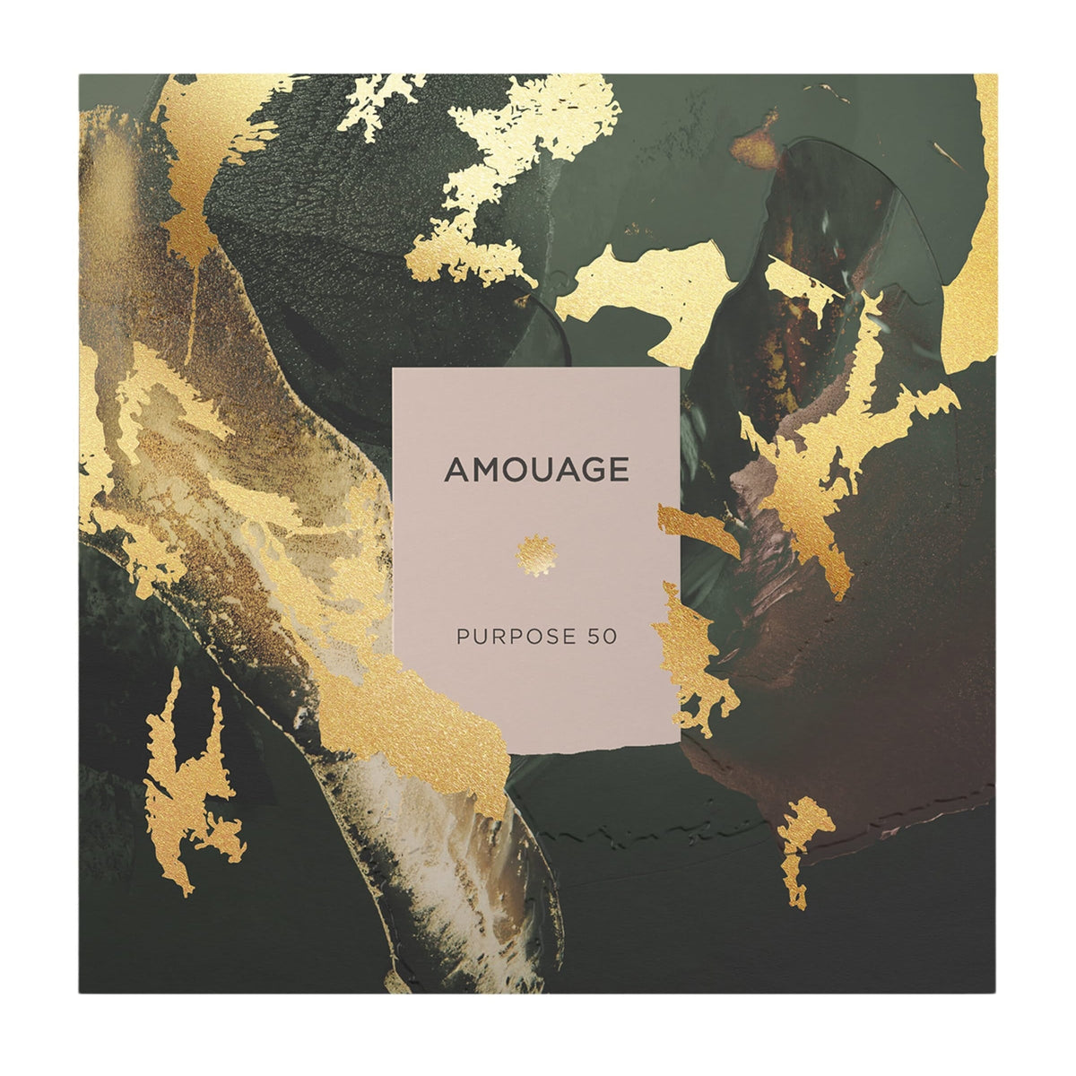 Amouage Purpose 50 perfume packaging with gold leaf design on a dark background