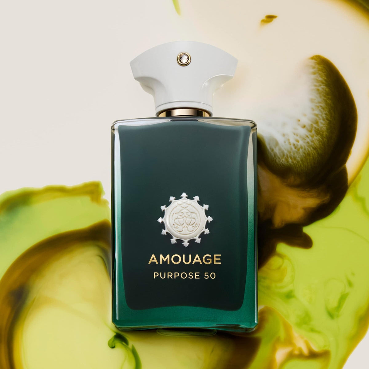 Amouage Purpose 50 perfume bottle in a dark green glass bottle with a white cap, set against a background of green and yellow liquid swirls.